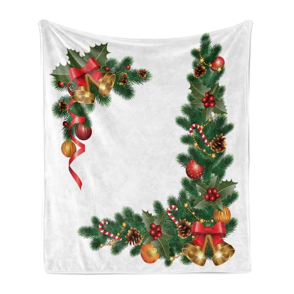 Christmas Soft Flannel Fleece Throw Blanket, Noel Themed Illustration Fir Tree Ornaments Classical New Year Concept Print, Cozy Plush for Indoor and Outdoor Use, 70" x 90", Multicolor, by Ambesonne