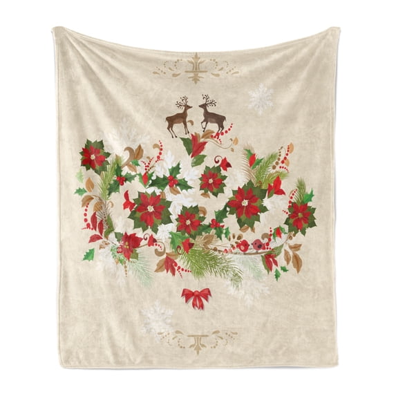 Christmas Soft Flannel Fleece Throw Blanket, Noel Themed Motif of Poinsettia Flowers and Holly Berries with Deer Ribbon, Cozy Plush for Indoor and Outdoor Use, 60" x 80", Multicolor, by Ambesonne