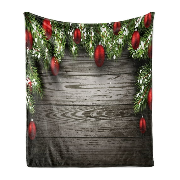 Christmas Soft Flannel Fleece Throw Blanket, Ornaments Nostalgic Historical Celebration and Reunion Themed Print, Cozy Plush for Indoor and Outdoor Use, 50" x 60", Brown and Red, by Ambesonne