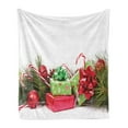 thumbnail image 1 of Christmas Soft Flannel Fleece Throw Blanket, Ornate Boxes with Dots Candy Cane Wrapped Seasonal Elements Surprise, Cozy Plush for Indoor and Outdoor Use, 50" x 60", Fern Green Ruby, by Ambesonne, 1 of 6