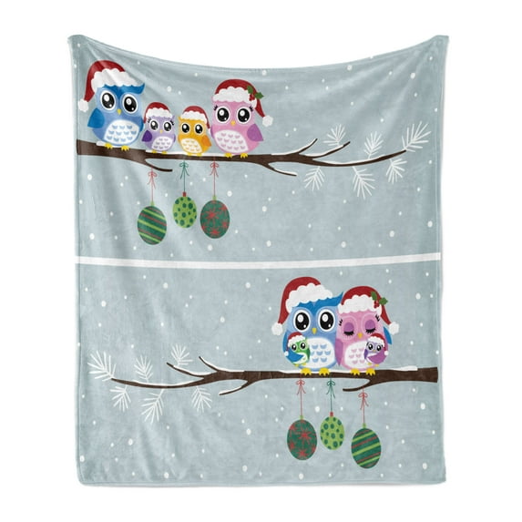 Christmas Soft Flannel Fleece Throw Blanket, Owl Family on Tree Branch Celebration Holly Jolly Season New Year Winter Night, Cozy Plush for Indoor and Outdoor Use, 50" x 60", Multicolor, by Ambesonne