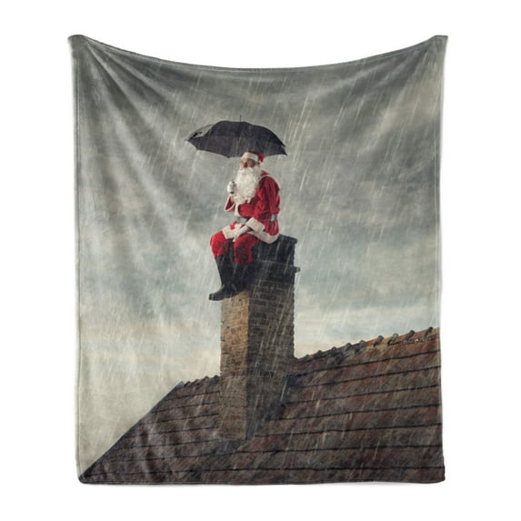 Christmas Soft Flannel Fleece Throw Blanket, Photo of Santa Sits on a Chimney with Umbrella in Heavy Rain, Cozy Plush for Indoor and Outdoor Use, 50" x 70", Vermilion Dark Taupe, by Ambesonne