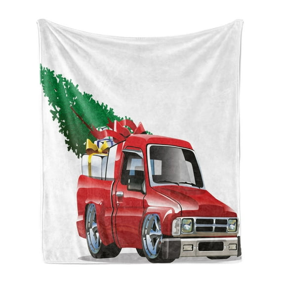 Christmas Soft Flannel Fleece Throw Blanket, Pickup Truck Big Gift Boxes and Tree Xmas Art Prints Farm Theme Print, Cozy Plush for Indoor and Outdoor Use, 50" x 60", White Red, by Ambesonne