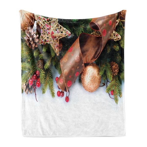 Christmas Soft Flannel Fleece Throw Blanket, Pine Cones with Garland Tree Topper Star Mistletoe and Swirled Ornate Elements, Cozy Plush for Indoor and Outdoor Use, 50" x 70", Multicolor, by Ambesonne