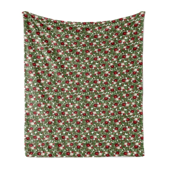 Christmas Soft Flannel Fleece Throw Blanket, Pine Fir Cones Balls and Coniferous Tree Leaves Holly Berry Old Fashioned, Cozy Plush for Indoor and Outdoor Use, 60" x 80", Red Green Grey, by Ambesonne