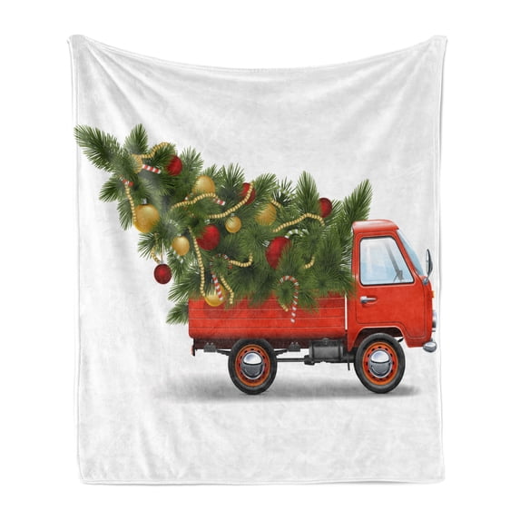 Christmas Soft Flannel Fleece Throw Blanket, Red Retro Style Farm Truck and Big Xmas Tree Tinsel Balls Candy Design, Cozy Plush for Indoor and Outdoor Use, 50" x 70", White Red Green, by Ambesonne