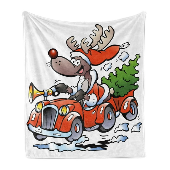 Christmas Soft Flannel Fleece Throw Blanket, Reindeer Racing in Red Vintage Car with Xmas Tree Horn Santa Hat Winter, Cozy Plush for Indoor and Outdoor Use, 70" x 90", White Red Green, by Ambesonne