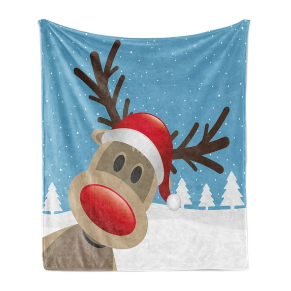 Christmas Soft Flannel Fleece Throw Blanket, Reindeer Rudolph Red Nose and Santa Claus Hat Snowy Forest, Cozy Plush for Indoor and Outdoor Use, 70" x 90", Pale Blue Red Pale Brown, by Ambesonne