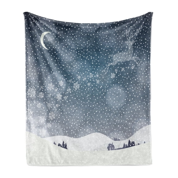 Christmas Soft Flannel Fleece Throw Blanket, Reindeer in the Snowy Sky with Crescent Moon in Town Illustration, Cozy Plush for Indoor and Outdoor Use, 50" x 70", Blue and White, by Ambesonne