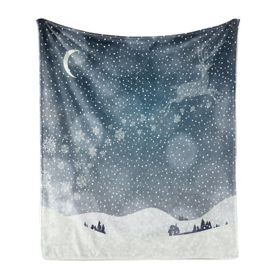 Christmas Soft Flannel Fleece Throw Blanket, Reindeer in the Snowy Sky with Crescent Moon in Town Illustration, Cozy Plush for Indoor and Outdoor Use, 60" x 80", Blue and White, by Ambesonne