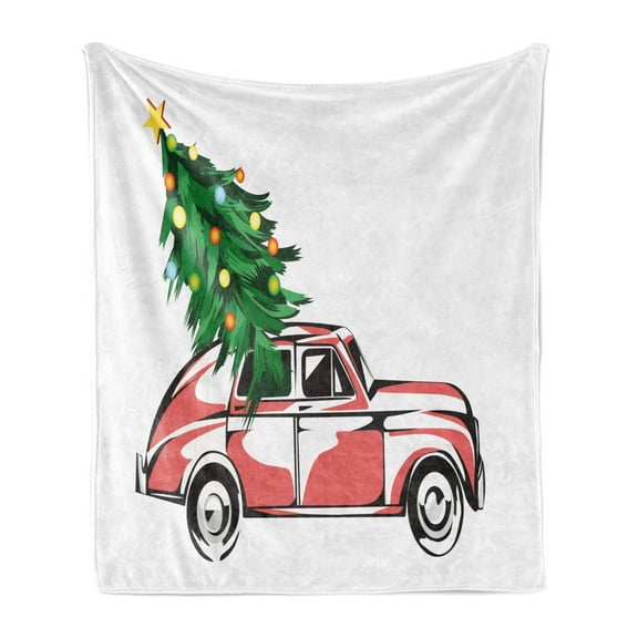 Christmas Soft Flannel Fleece Throw Blanket, Retro Classic Red Car Carrying Big Xmas Tree with Star and Cartoon Design Print, Cozy Plush for Indoor and Outdoor Use, 60" x 80", White Red, by Ambesonne