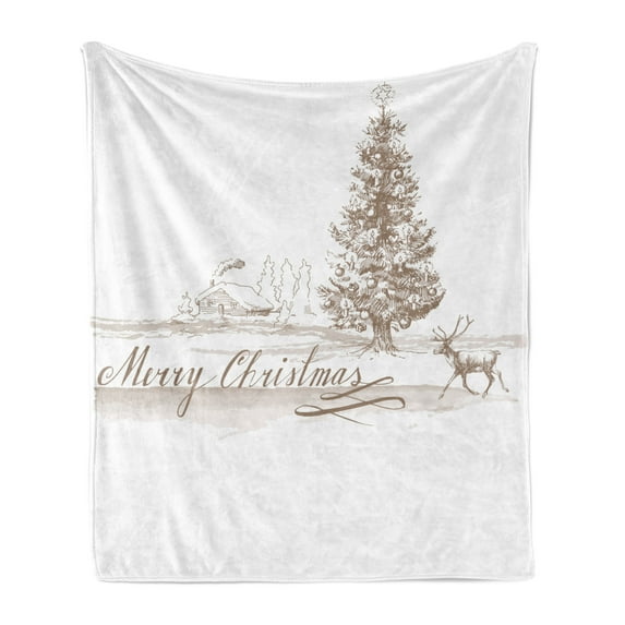 Christmas Soft Flannel Fleece Throw Blanket, Romantic Vintage New Year Scenery Reindeer Tree and Star Design Image, Cozy Plush for Indoor and Outdoor Use, 70" x 90", Brown, by Ambesonne