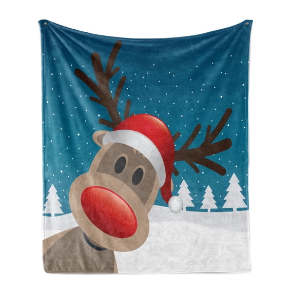 Christmas Soft Flannel Fleece Throw Blanket, Rudolph the Reindeer with Santa Hat Holiday Kids Themed Fun Cartoon, Cozy Plush for Indoor and Outdoor Use, 70" x 90", Red Brown Navy, by Ambesonne