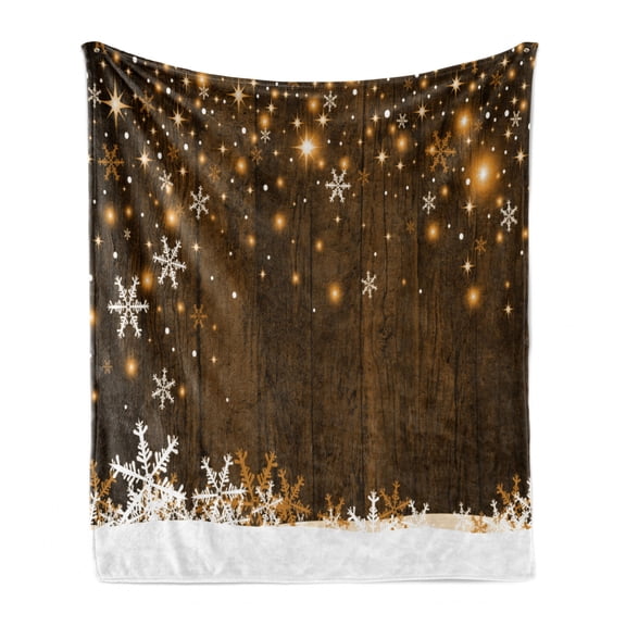Christmas Soft Flannel Fleece Throw Blanket, Rustic Wooden Backdrop Snowflakes and Warm Traditional Celebration Print, Cozy Plush for Indoor and Outdoor Use, 60" x 80", Brown White, by Ambesonne