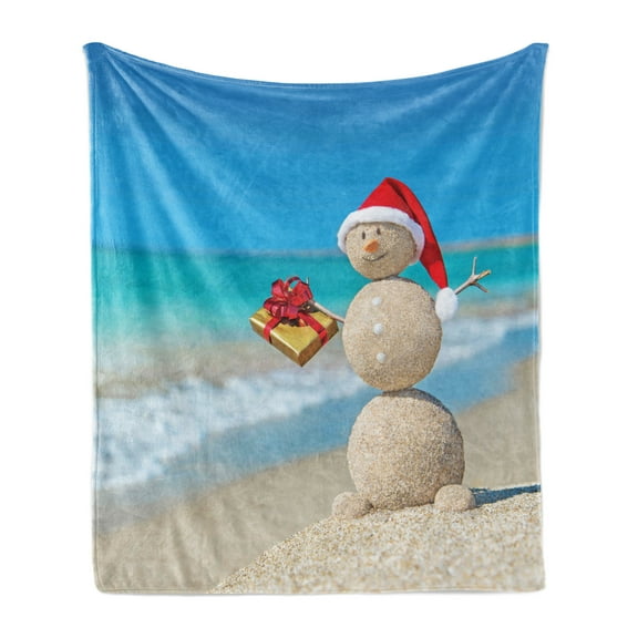 Christmas Soft Flannel Fleece Throw Blanket, Sand Snowman with Santa Hat and Present Tropical Beach Australian Noel, Cozy Plush for Indoor and Outdoor Use, 50" x 70", Blue and Vermilion, by Ambesonne