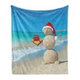 thumbnail image 1 of Christmas Soft Flannel Fleece Throw Blanket, Sand Snowman with Santa Hat and Present Tropical Beach Australian Noel, Cozy Plush for Indoor and Outdoor Use, 60" x 80", Blue and Vermilion, by Ambesonne, 1 of 5