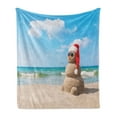 thumbnail image 1 of Christmas Soft Flannel Fleece Throw Blanket, Sandman with Santa Hat Sunbath Foreground of Puffy Clouds Relax Tranquil Scene, Cozy Plush for Indoor and Outdoor Use, 70" x 90", Blue Cream, by Ambesonne, 1 of 5