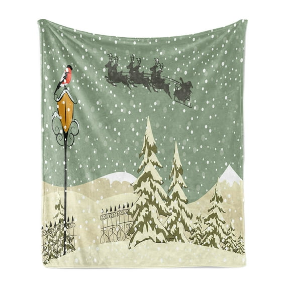 Christmas Soft Flannel Fleece Throw Blanket, Santa Claus Flying Reindeer Christmas Composition Winter Season, Cozy Plush for Indoor and Outdoor Use, 70" x 90", Beige Green White, by Ambesonne