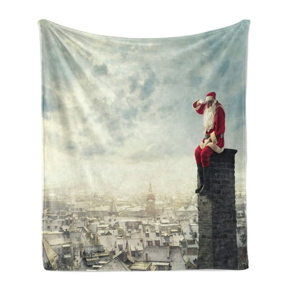 Christmas Soft Flannel Fleece Throw Blanket, Santa Claus Sitting on Chimney Above the City, Cozy Plush for Indoor and Outdoor Use, 70" x 90", Multicolor, by Ambesonne