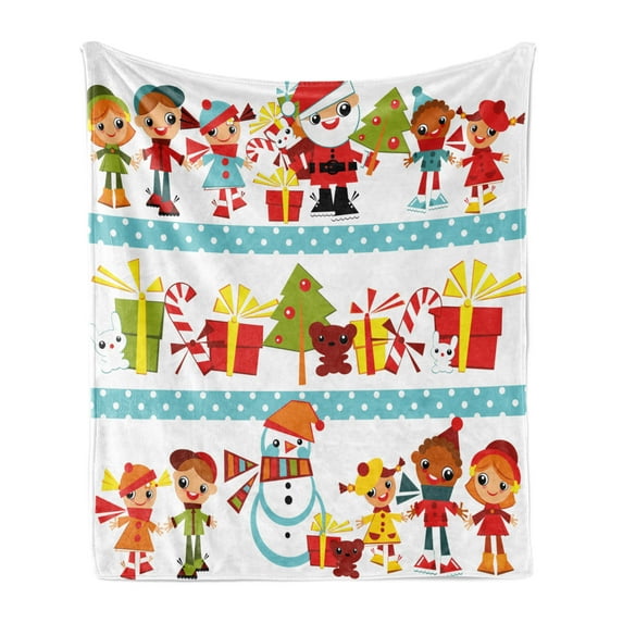 Christmas Soft Flannel Fleece Throw Blanket, Santa Giving Surprise Presents to Joyful Children from Around the World Theme, Cozy Plush for Indoor and Outdoor Use, 50" x 70", Multicolor, by Ambesonne