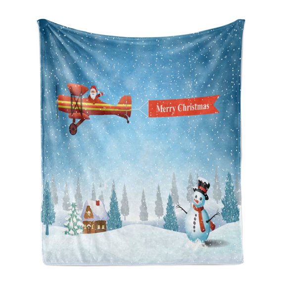 Christmas Soft Flannel Fleece Throw Blanket, Santa in a Plane Flying over the Forest with Snowman Jolly Season Celebration, Cozy Plush for Indoor and Outdoor Use, 50" x 70", Blue Orange, by Ambesonne