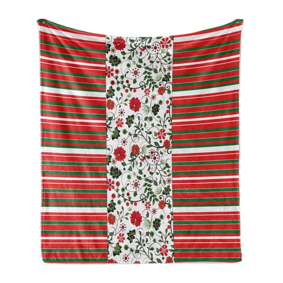 Christmas Soft Flannel Fleece Throw Blanket, Seasonal Traditional Colors Horizontal Stripes with Blossoming Flowers Border, Cozy Plush for Indoor and Outdoor Use, 50" x 70", Multicolor, by Ambesonne