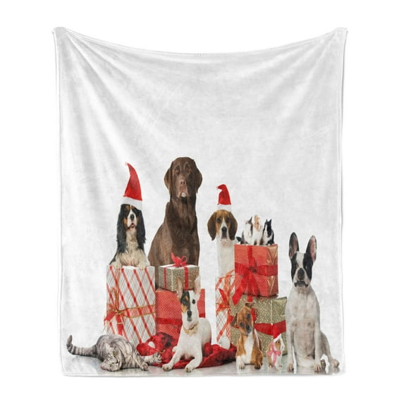 Christmas Soft Flannel Fleece Throw Blanket, Several Pets with Surprise Christmas Presents Dogs Cats and Rabbits, Cozy Plush for Indoor and Outdoor Use, 50" x 70", Brown Red White, by Ambesonne