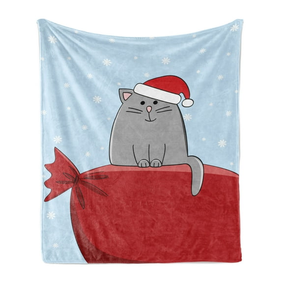 Christmas Soft Flannel Fleece Throw Blanket, Simplistic Cartoon of a Cat with Santa Sack Sitting on Presents, Cozy Plush for Indoor and Outdoor Use, 50" x 70", Vermilion and Baby Blue, by Ambesonne