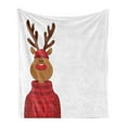 thumbnail image 1 of Christmas Soft Flannel Fleece Throw Blanket, Smiling Cartoon Reindeer with a Nordic Xmas Sweater and Hat, Cozy Plush for Indoor and Outdoor Use, 50" x 70", Caramel Brown and Vermilion, by Ambesonne, 1 of 5