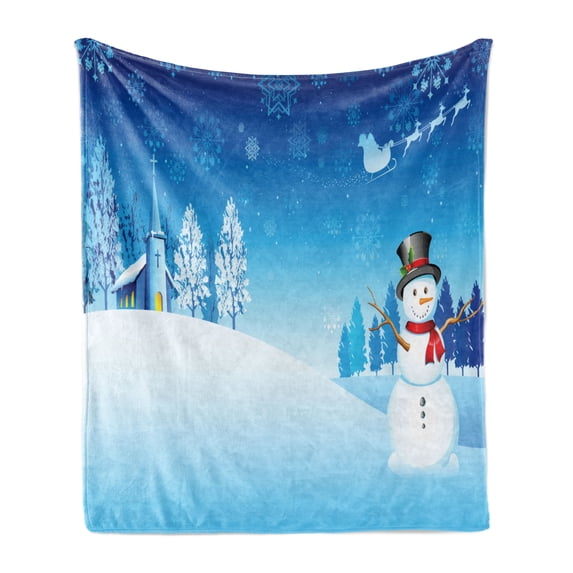 Christmas Soft Flannel Fleece Throw Blanket, Snowman on the Christmas Eve Santa's Sleigh in the Starry Sky Fantasy Artwork, Cozy Plush for Indoor and Outdoor Use, 50" x 70", Blue White, by Ambesonne