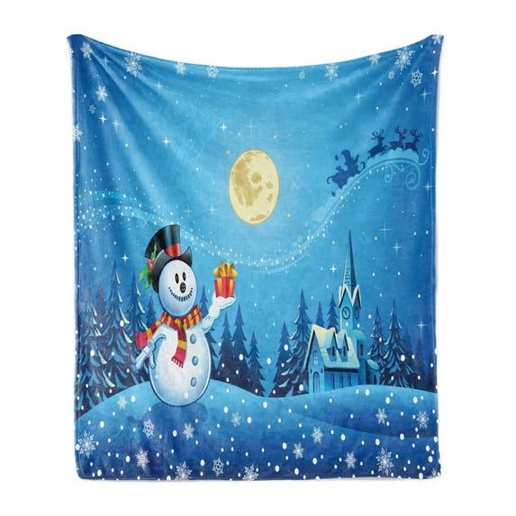 Christmas Soft Flannel Fleece Throw Blanket, Snowman Gets the Gift from Santa Claus in Winter Night Moonlight Illustration, Cozy Plush for Indoor and Outdoor Use, 50" x 60", Blue Yellow, by Ambesonne