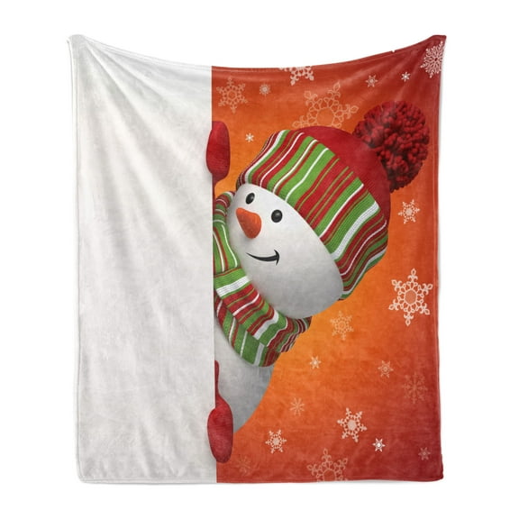Christmas Soft Flannel Fleece Throw Blanket, Snowman Mittens and Hat Scarf New Year Celebration Design, Cozy Plush for Indoor and Outdoor Use, 50" x 60", White Orange, by Ambesonne