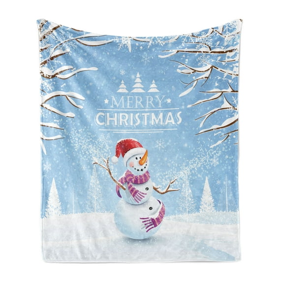 Christmas Soft Flannel Fleece Throw Blanket, Snowman in a Snowy Winter Day with Xmas Hat Frosty Noel Kids Nursery Theme, Cozy Plush for Indoor and Outdoor Use, 70" x 90", White Blue, by Ambesonne