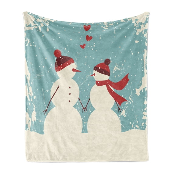 Christmas Soft Flannel Fleece Throw Blanket, Snowman and Woman Romantic Couple in Love Holding Hands Grunge Display, Cozy Plush for Indoor and Outdoor Use, 60" x 80", Seafoam Red Cream, by Ambesonne