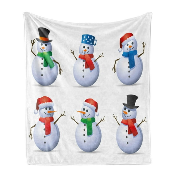 Christmas Soft Flannel Fleece Throw Blanket, Snowmen with Different Hats and Scarfs Carrot Noses Xmas Winter Season Theme, Cozy Plush for Indoor and Outdoor Use, 60" x 80", Multicolor, by Ambesonne