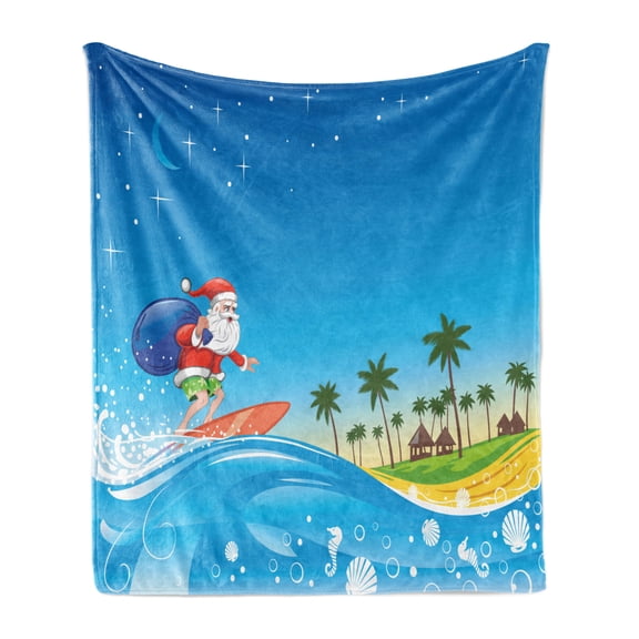Christmas Soft Flannel Fleece Throw Blanket, Surfing Santa on a Wave with Sack at the Beach Tropical Night Fantasy Cartoon, Cozy Plush for Indoor and Outdoor Use, 50" x 60", Multicolor, by Ambesonne