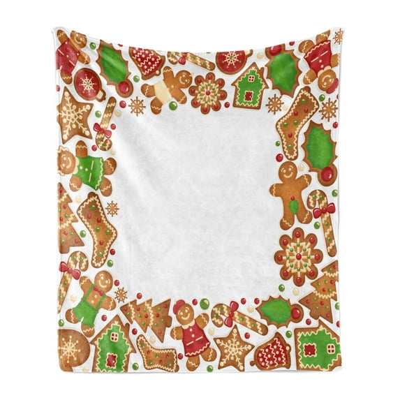 Christmas Soft Flannel Fleece Throw Blanket, Taste of Xmas Season Frame Gingerbread Cookies and Biscuits, Cozy Plush for Indoor and Outdoor Use, 70" x 90", Green Brown and Red, by Ambesonne