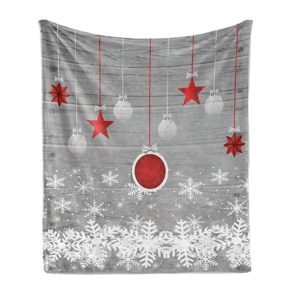 Christmas Soft Flannel Fleece Throw Blanket, Traditional Celebration Theme Pendant Stars Baubles Ornate Snowflakes, Cozy Plush for Indoor and Outdoor Use, 50" x 60", Grey Red White, by Ambesonne