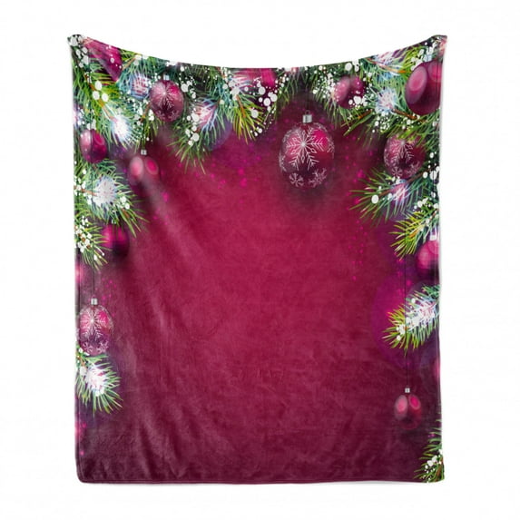 Christmas Soft Flannel Fleece Throw Blanket, Traditional Composition with Fir Branches Vivid Balls Snowflakes, Cozy Plush for Indoor and Outdoor Use, 70" x 90", Magenta Green White, by Ambesonne