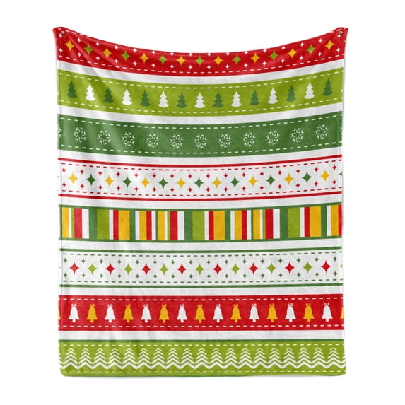 Christmas Soft Flannel Fleece Throw Blanket, Traditional Winter Seasonal Borders Stars Bells Trees Stripes Print, Cozy Plush for Indoor and Outdoor Use, 70" x 90", Lime Green Yellow Red, by Ambesonne