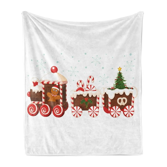 Christmas Soft Flannel Fleece Throw Blanket, Train Gingerbread Cream Candy Cartoon Toys Snowflakes Presents, Cozy Plush for Indoor and Outdoor Use, 50" x 70", White Brown Vermilion, by Ambesonne