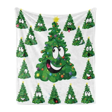 Christmas Soft Flannel Fleece Throw Blanket, Christmas Tree Cartoon with Star and Different Funny Face Expressions, Cozy Plush for Indoor and Outdoor Use, 50" x 60", Green Yellow White, by Ambesonne