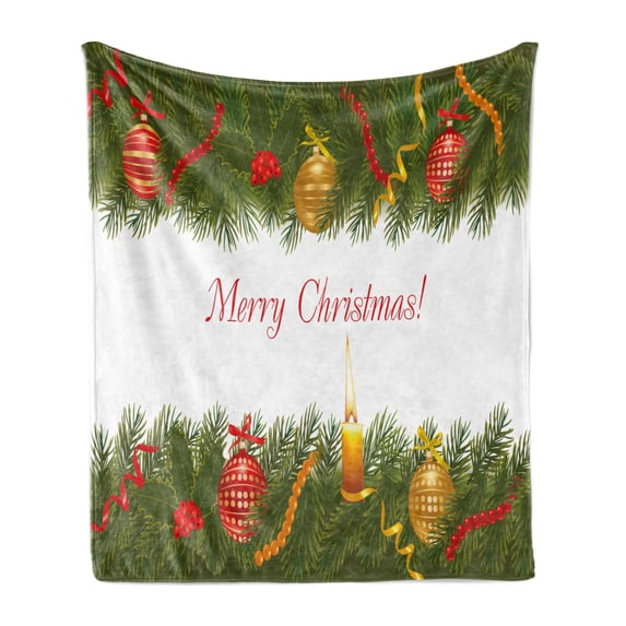 Christmas Soft Flannel Fleece Throw Blanket, Christmas Tree with Elements and Burning Candle Retro Style Hand Writing, Cozy Plush for Indoor and Outdoor Use, 50" x 60", Multicolor, by Ambesonne