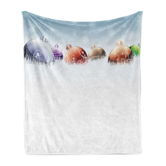 Christmas Soft Flannel Fleece Throw Blanket, Vibrant Baubles on Snow Field in Winter Noel Themed Frosty Design, Cozy Plush for Indoor and Outdoor Use, 60" x 80", Multicolor, by Ambesonne