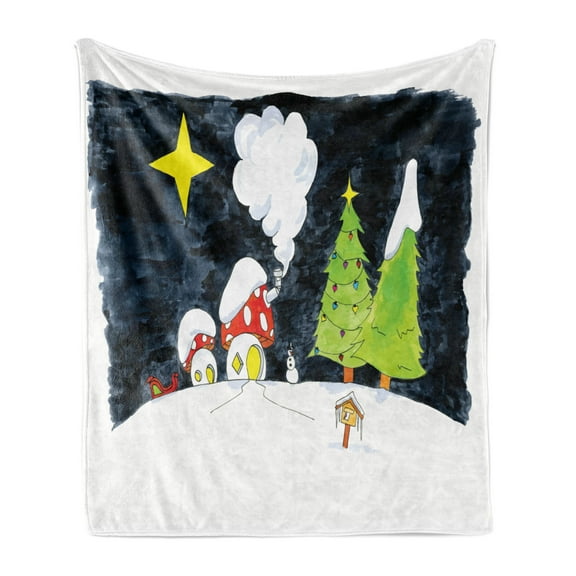 Christmas Soft Flannel Fleece Throw Blanket, Village with Mushroom Houses Trees Snowman at Night North Pole Star Watercolor, Cozy Plush for Indoor and Outdoor Use, 60" x 80", Multicolor, by Ambesonne