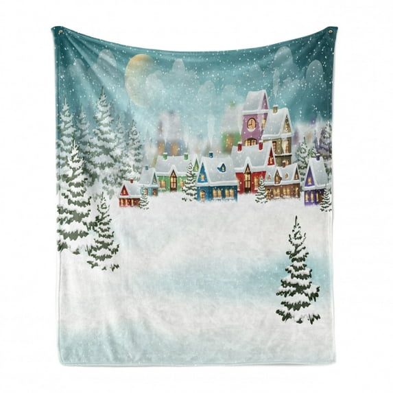 Christmas Soft Flannel Fleece Throw Blanket, Village Under Snow Winter Holiday Season Pine Forest, Cozy Plush for Indoor and Outdoor Use, 50" x 60", Cadet Blue Multicolor, by Ambesonne