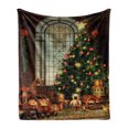 thumbnail image 1 of Christmas Soft Flannel Fleece Throw Blanket, Vintage Ambiance Big Old Fashioned Window Xmas Tree Various Presents, Cozy Plush for Indoor and Outdoor Use, 60" x 80", Brown Red Green, by Ambesonne, 1 of 6