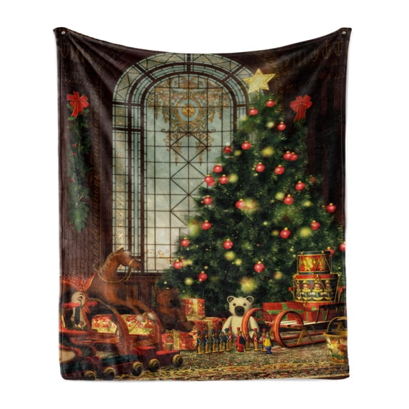 Christmas Soft Flannel Fleece Throw Blanket, Vintage Ambiance Big Old Fashioned Window Xmas Tree Various Presents, Cozy Plush for Indoor and Outdoor Use, 60" x 80", Brown Red Green, by Ambesonne