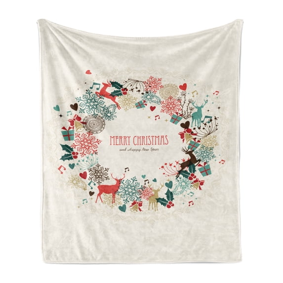 Christmas Soft Flannel Fleece Throw Blanket, Vintage Garland Inspired Round Hand Drawn Style Seasonal Print, Cozy Plush for Indoor and Outdoor Use, 50" x 60", Multicolor, by Ambesonne