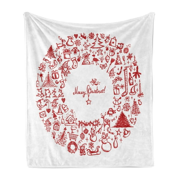 Christmas Soft Flannel Fleece Throw Blanket, Vintage Merry Xmas Wreath Several Noel Yule and Ribbons Candles Bells Image, Cozy Plush for Indoor and Outdoor Use, 50" x 60", Red, by Ambesonne
